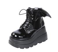 Glamidea Stivali da Donna con Lacci a Forma D'ala Laterale Moda in Pelle Verniciata Nera Goth Punk con Tacco a Zeppa Stile Moto Plateau e Design per il Tempo Libero