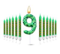 Glamifyr 13 candele per 9 compleanno ragazzo, decorazione per torta ragazzo, candele di compleanno con numeri 9, candele verdi Pixel candele di compleanno candela 9 compleanno ragazza cartone animato