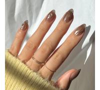 Glamnetic Unghie finte Harry Potter X - Coppa d'oro | Unghie corte a mandorle semitrasparenti marrone con design oro 3D e finitura cromata lucida | 15 misure - Kit di 30 unghie con colla