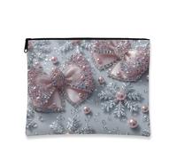 Glamorous Bow Makeup Bag, Festive Peach Glitter Cosmetic Travel Pouch per le donne, Portable Small Zipper Organizer, Winter Holiday Toiletry Bag, Pesca, 7x9 Inch, Fiocco
