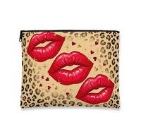 Glamorous Leopard Print Cosmetic Bag, Red Labbra Vintage Viaggio Trucco Pouch per le Donne, Portatile Canvas Zipper Organizer 17x22 Pollici