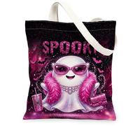 Glamorous Peach Ghost Quote Halloween Canvas Tote Bag 33 x 38 cm | Boa di piume di pesca, occhiali da sole a occhio di gatto, design con testo gocciolante, sagome di pipistrelli