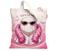 Glamorous Peach Ghost Quote Halloween Canvas Tote Bag 33 x 38 cm | Occhiali da sole a occhio di gatto, collana con pietre preziose, boa di piume, fantasma giocoso, estetica pesca
