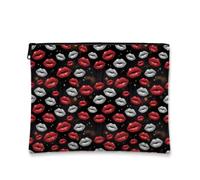 Glamorous Red e Silver Lips Pattern San Valentino Makeup Bag 17,8 x 22,9 cm | Vivace contrasto rosso argento, astuccio con cerniera per trucco, motivo bacio senza cuciture, accessorio chic da viaggio