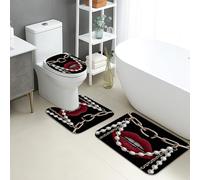 Glamorous - Set di 3 tappetini da bagno con design elegante a catena con labbra e perle, assorbenti, antiscivolo, a forma di U, lavabili, ideali per ogni stagione