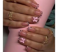 GlamRays 24 Pcs Leopard French Tip Press On Nails Unghie corte quadrate finte rosa design lucido con arco portachiavi copertura completa nude unghie adesive solari carine finte