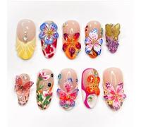 GlamRays 24 Pezzi 3D Fiori Tropicali Press on Nails Medium Almond, Colori Farfalla Fiore Fascino, Vivaci Fatto a Mano Coperture Complete, Adesivi Unghie per Donne