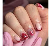 GlamRays 24 pezzi adesivi per unghie Corte unghie finte quadrate con design floreale adesivi per unghie con punta francese rossa