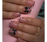 GlamRays 24 Pezzi Bow Press on Nails, Unghie Finte Corte Squadrate French Tip con Design Leopardato Nero, Unghie Finte Lucide, Nude, Copertura Completa, Unghie Artificiali