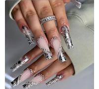 GlamRays 24 pezzi French Tip Press On Nails Lunghe Quadrate Finte Nails Argento Finte Pizzo Finto Francese con Gemme Charms Design Chiodi Colla Nails 3D Cuore