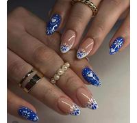 GlamRays 24 pezzi French Tip Press On Nails Medio Lunghezza Bohemian Style Finte Nails Forma Mandorla Blu Cuore Linee Acrilico Chiodi Finte con Design Bohemian