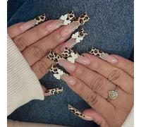 GlamRays 24 pezzi Leopard Press on Nails Set di unghie lunghe ovali finte con arco portachiavi bianco Charms Design Cheetah Chiodi adesivi in pizzo francese lucido