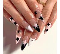 GlamRays 24 pezzi Press on Nails Almond Medio Unghie Finte in Pizzo Francese Chiodi Colla Rosa Stelle Finte Unghie Unghie Inchiodate Completa