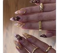 GlamRays 24 pezzi Press On Unghie Medio Almond Marrone - Autunno Fiore 3D Oro Texture Design Acrilico Stiletto Adesivo su unghie finte