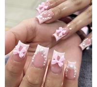 GlamRays 24 pezzi rosa French Nails Press on Nails Breve Medio Quadrato False Nail Unghie Spessa Foglio Belle Perle Design False Nail Stick On Nails