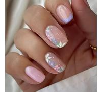 GlamRays 24 Pezzi Set Unghie Adesive Rosa Fiore Mandorla Corto - Adesivi Rosa Chiaro Quadrati Lucidi a Copertura Totale