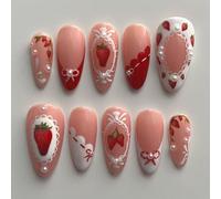 GlamRays 24 Pezzi Unghie adesive a Mandorla, Unghie finte Rosa Nude di Media Lunghezza con Perle, Decorazioni per Unghie, Design di Dolci Fragole, Brillanti