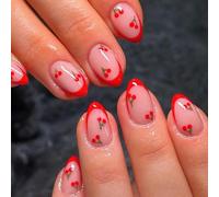 GlamRays 24 Pezzi Unghie Adesive Rosse Francesi a Punta Forma Ovale, Corta, Unghie Finte, Dolce, Nude Rosa, Copertura Completa, Unghie Adesive, con Ciliegia Rossa