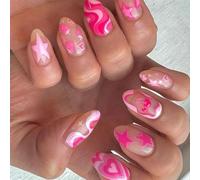 GlamRays 24 Pezzi Unghie finte Corte a Mandorla con Motivo a Cuore e Stelle, Unghie adesive per Donne e Ragazze