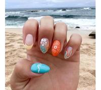 GlamRays 24 pezzi unghie finte estive con punta francese mandorla media unghie acriliche sole adesive lucente arancione linea curva unghie finte onde gel adesivi per unghie