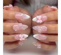 GlamRays 24 Pezzi Unghie Finte French Tip Bianche Mandorla Media con Colla Dolce Rosa Fiori 3D Fiocchi Design Fatto a Mano