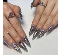 GlamRays 24 Pezzi Unghie Finte Lunghe A Stiletto, Lucido, Incollare Unghie, Goth Nero Ombre, Unghie Acriliche, Mandorle, Unghie Artificiali, Gothic Serpente, Strass, Unghie Finte