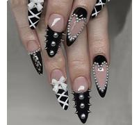 GlamRays 24 pezzi Y2K Almond Barre Press on Nails & False Nails, con bordi francesi neri, decorati con motivi a cuore e perle in lega