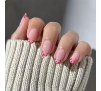 GlamRays - 24 unghie finte corte a pressione, con gel solido, a forma di mandorla, San Valentino, con french, colore: rosa brillante