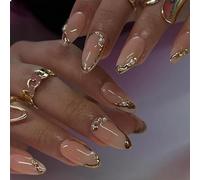 GlamRays Confezione da 24 unghie finte a pressione French Tip medie a mandorla con perle design gioiello linea francese oro, unghie finte a grandezza naturale con colla per unghie lucide