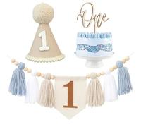 GlamRays Decorazione per bambini per la prima festa di compleanno blu: seggiolone striscione, corona topper per torta, decorazione kaki