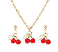 GlamRays Dolce collana di frutta di ciliegia delicata ciliegia Huggie orecchini per le donne Cool Collana Cuba Choker Red Ciliegie Pendenti Set di gioielli estivi alla moda per donna, Colore: rosso, L