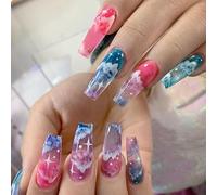 GlamRays Press on Nails - Unghie finte quadrate a forma di bara, lunga e lucida, con motivo a nuvola, per ballerina artificiale