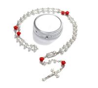 GlamRays Rosariene Perle Cattolica - Cresima Regali per Ragazze Adolescenti, Argento Stile Semplice Scatola in Metallo, Perle Finte Bianche Rosario, Regali per Donne (Rosso)