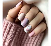 GlamRays - Set di 24 unghie finte acriliche corte e quadrate con disegno a cuore e fiore, lucide, adesive, unghie Pure Love per San Valentino
