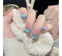 GlamRays - Unghie artificiali press-on, a ballerina, punta squadrata, con glitter, unghie finte adesive a copertura completa, con french manicure, blu effetto ombré, 24 pezzi