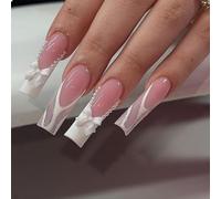 GlamRays Unghie Finte a Pressione con Punta Francese Lunghe Quadrate Unghie Finte Lucide a Bara Unghie Artificiali con Fiocco e Strass Punta Francese Bianca con Disegni di Perle Unghie Acriliche