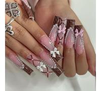 GlamRays Unghie finte adesive con punta francese, quadrate, marroni, con effetto involucro completo, perle false 3D, a lunga durata, per donne e ragazze, 24 pezzi