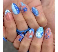 GlamRays Unghie finte Blu Lunghe Unghie finte a Mandorla Unghie acriliche Lucide con Cuore Design a Onde Lampi e Fiori 24 pezzi per set