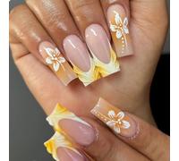 GlamRays Unghie finte lunghe e quadrate gialle con punta francese, unghie adesive 3D testurizzate a onde acriliche, 24 pezzi, manicure floreale