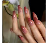 GlamRays - Unghie finte press-on di media lunghezza, forma a ballerina, a copertura completa, finitura lucida, unghie in materiale acrilico, rosa pesca effetto ombré, 24 pezzi