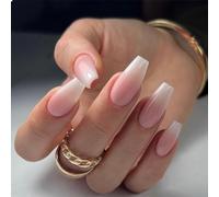 GlamRays - Unghie press-on di media lunghezza, forma a ballerina, effetto ombré, unghie in materiale acrilico, unghie finte, rosa/bianco sfumati, 24 pezzi
