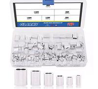 Glarks 210Pcs 6 Dimensioni Alluminio Doppio Barrel Puntale Crimping Loop Sleeve per Fune e Cavo Linea Fine Assortimento Kit