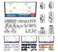 Glarks 60pcs M6 x 10/12/15/20mm nichelato barrel cross Dowels slot nut kit, include 40pcs barrel nut, 10pcs M6x10mm 4-pronged tee nut, 10pcs M6x15mm Hex socket inserto filettato dadi