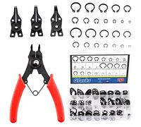 Glarks Set di 261 pinze per anelli elastici e anelli elastici, una pinza per anelli elastici con 4 ganasce intercambiabili e 260 anelli di sicurezza interni esterni, kit assortito per assi, alberi e