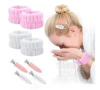 Glasflength 4 Pezzi Polsini Skin Care, Lavati la Faccia Polsini con 4 Clip di Anatroccolo Donne Braccialetti in Pile Corallino Elastici Polsini Skincare per Spa Yoga Make-Up(Bianco e Rosa)