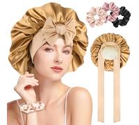 GlasFlength Cuffia Seta Capelli Notte, Cuffia di Seta Cuffia Regolabile Capelli Ricci Notte Morbida e Confortevole Berretto da Notte Raso Elastico Doppio Strato con 3 Elastici per Capelli (Cachi)