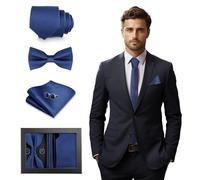 GlasFlength Set da Cravatta 4 Pezzi, Set con Gemelli Camicia Fazzoletto e Papillon da Uomo per Matrimonio Classico Elegante Regolabile Papillon Tinta Unita per Business Partito (Blu)