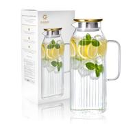 GLASKEY 2.1 Litri Caraffa in Vetro Borosilicato con Coperchio, Classica Brocca per Acqua a Righe con Manico per il Frigorifero, Caraffa in Vetro per Acqua Calda e Fredda e Succhi