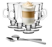 Glasmark KROSNO 1992 set di 6 tazze da caffè latte vetro trasparente 200 ml con manico cucchiaini bicchieri da tè irish coffee cappuccino latte macchiato