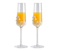 Glass Champagne Flutes - 2 Pieces Elegant Letters Print Pearl Goblets | Crystal Champagne Cups for Couples Newlyweds Wedding Engagement Valentine's Day Mother's Day Christmas Family